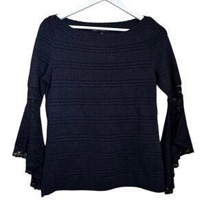 White House Black Market Sparkly Navy Blue Lace Bell Sleeve Sweater Women Sz S